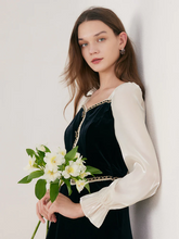 a lady in black velvet dress holding flowers
